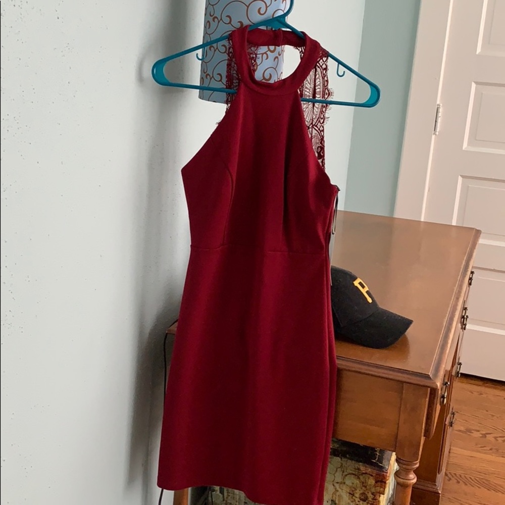 Deep Red, Tight, Halter Dress with Lace Cutout
